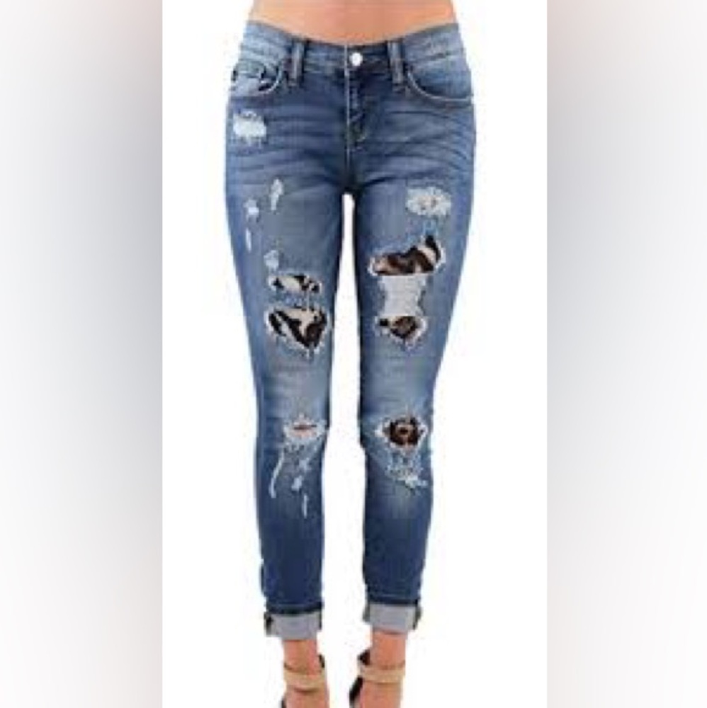 Judy Blue Distressed Leopard Patch Jeans Womens Size 5/27 Stretch Blue D…